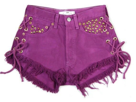 purple frayed shorts
