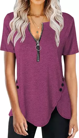 Ebifin Women's Short Sleeve Zipper T Shirts Summer Casual Tunic Button Up Blouses Loose Fit Tops Tees Purple at Amazon Women’s Clothing store
