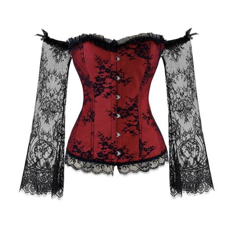 red corset top with black lace sleeve