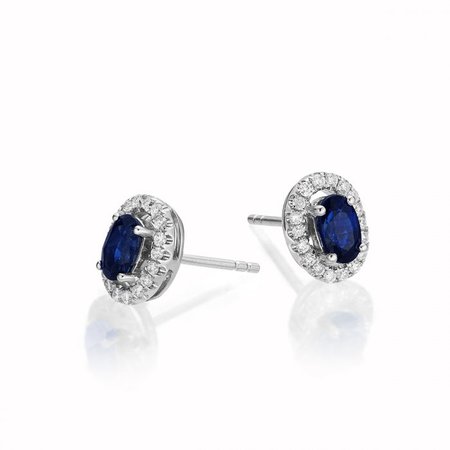 Oval Sapphire Stud Earrings with 0.18ct Diamonds 18K White Gold