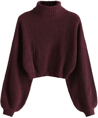 ZAFUL Women's High Neck Lantern Sleeve Ribbed Knit Pullover Crop Sweater Jumper (A-Red, L) at Amazon Women’s Clothing store