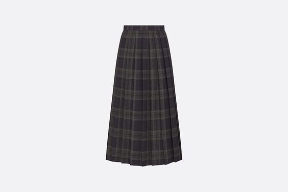 Pleated Long Skirt Gray and Blue Check'n'Dior Tartan Mohair and Virgin Wool | DIOR