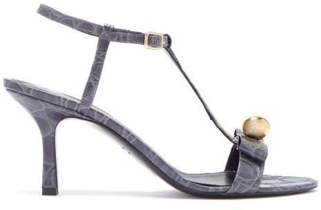 Kamira Crocodile Embossed Leather T Bar Sandals - Womens - Grey