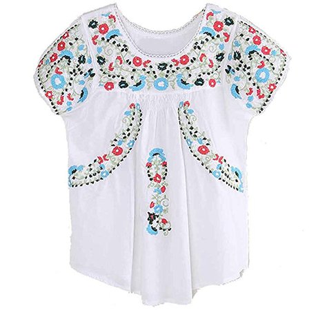 Kafeimali Women's Peasant Tops Mexican Blouse Colorful Flowers Embroidered Boho T Shirt (White) at Amazon Women’s Clothing store: