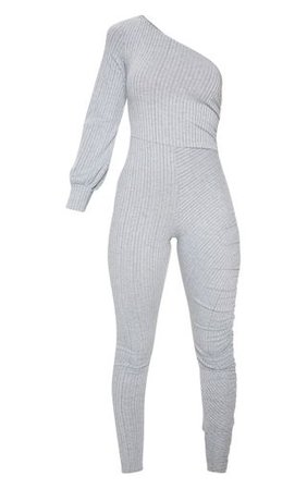 Grey Ribbed Ruched One Shoulder Jumpsuit | PrettyLittleThing