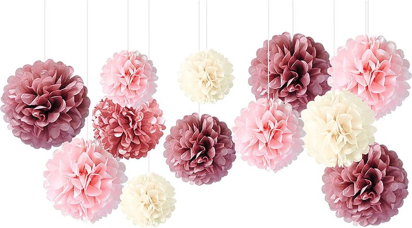 NICROLANDEE Wedding Party Decorations – 12PCS Dusty Rose Blush Pink Tissue Paper Pom Poms Kit for Birthday, Bridal Shower, Bachelorette, Baby Shower, Garden Party, Ceiling and Party Backdrop Decor - BigaMart