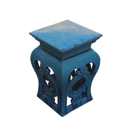 Chinese Turquoise Blue Square Coins Clay Ceramic Garden Stool | Chairish
