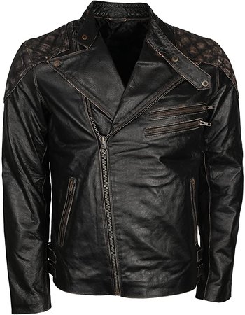 Mens Skull & Bones Black Distressed Leather Vintage Motorcycle Leather Jacket at Amazon Men’s Clothing store