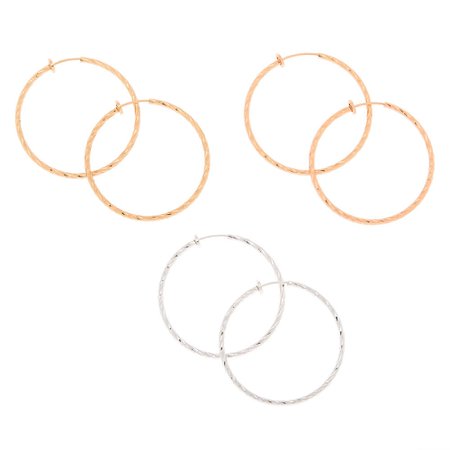 Mixed Metal 10MM Textured Clip On Hoop Earrings - 3 Pack | Claire's US