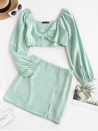 [29% OFF] [NEW] 2020 Shiny Gathered Front Milkmaid Top And Slit Skirt Set In LIGHT GREEN | ZAFUL