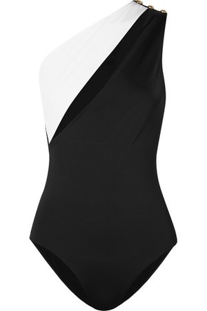 Balmain | One-shoulder button-embellished cutout swimsuit | NET-A-PORTER.COM