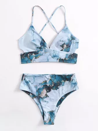 Marble Print High Waisted Bikini Swimsuit | SHEIN