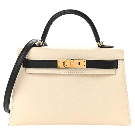 HERMES NEW Mini Kelly 20 Sellier Leather Ivory Black Small Tote Shoulder Bag For Sale at 1stDibs