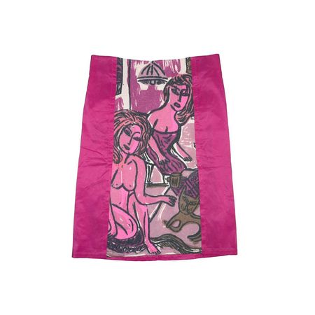 custo barcelona pink midi skirt with knit graphic women and cat painting print panel at the front