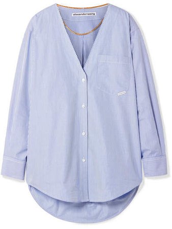 Embellished Striped Cotton-poplin Shirt - Blue
