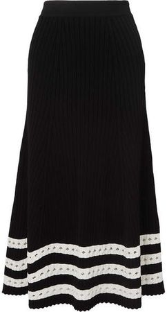 Pointelle-trimmed Cable-knit Midi Skirt - Black