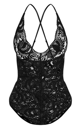 Lucille Black Sheer Lace Cross Back Bodysuit | PrettyLittleThing