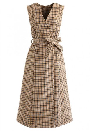 Houndstooth Double-Breasted Belted Sleeveless Dress in Mustard - NEW ARRIVALS - Retro, Indie and Unique Fashion