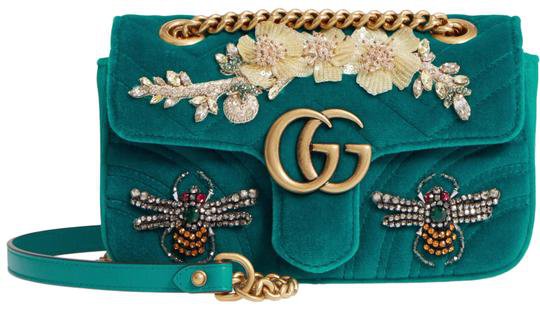 Gucci Marmont New Mini Embroidered Mini Pivoine Gg Matelasse Green Velvet Shoulder Bag - Tradesy