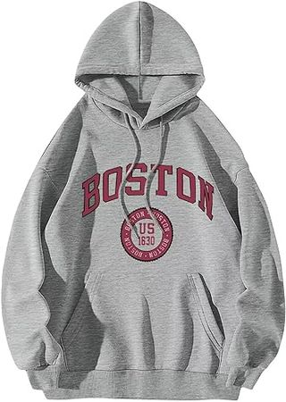 ORANDESIGNE Letter Graphic Print Hoodies for Women Oversized Long Sleeve Casual Drawstring Fall Pullover Sweatshirt Tops N BOSTON Grey Small at Amazon Women’s Clothing store