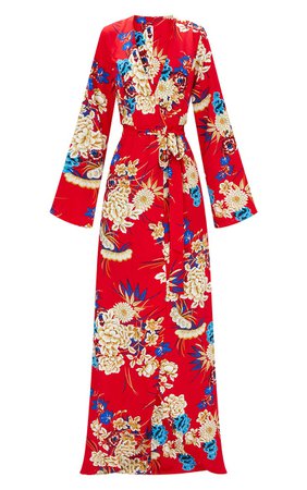 ON96300 Red Floral Print Kimono Maxi Dress