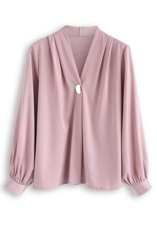 Button Embellished Satin V-Neck Top in Pink - NEW ARRIVALS - Retro, Indie and Unique Fashion