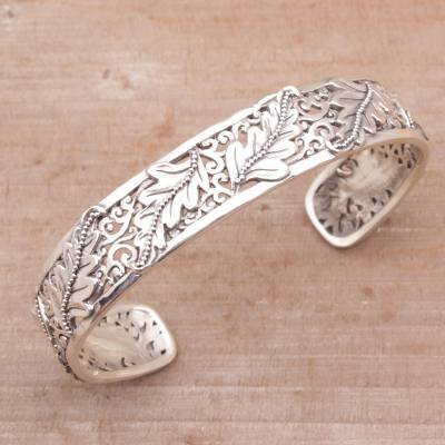 Leafy Sterling Silver Cuff Bracelet from Bali - Majestic Leaves | NOVICA