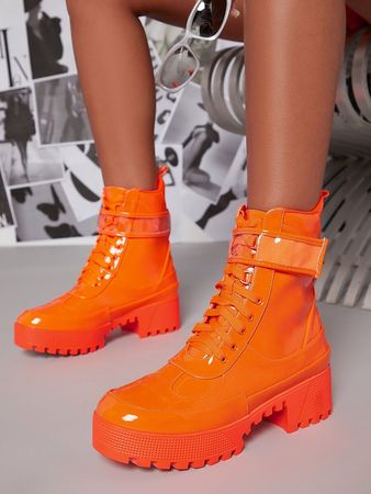 Neon Orange Lace Up Clear Strap Boots | SHEIN USA