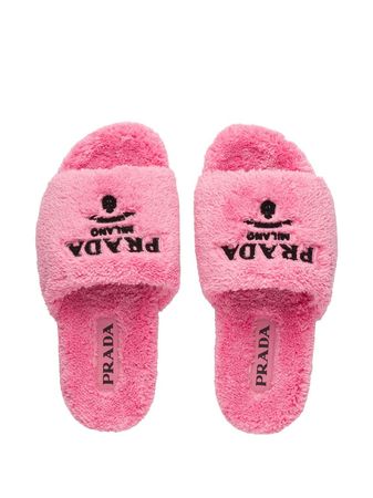 Shop Prada logo-embroidered terry cloth slides with Express Delivery - FARFETCH