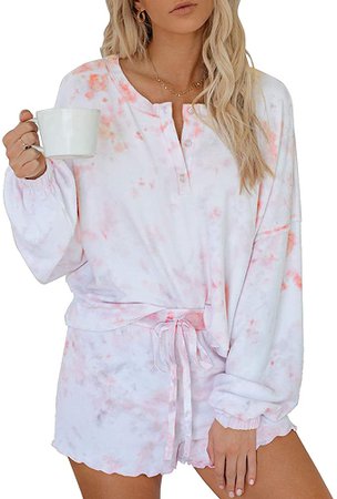 Asvivid Womens Summer Tie Dye Printed Frill Long Sleeve Shirt and Pants Pajamas Set Soft Cute Shorts PJ Set Shorty Sleep Lounge Wear S Pink at Amazon Women’s Clothing store