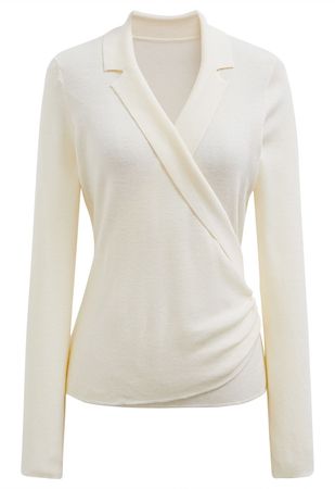 Collared Surplice Neck Wool-Blend Top in Ivory - Retro, Indie and Unique Fashion