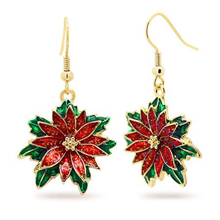 Red Poinsettia Christmas Earrings Dangle Fish Hook Green Enamel Gold Plated Women Fashion: Jewelry