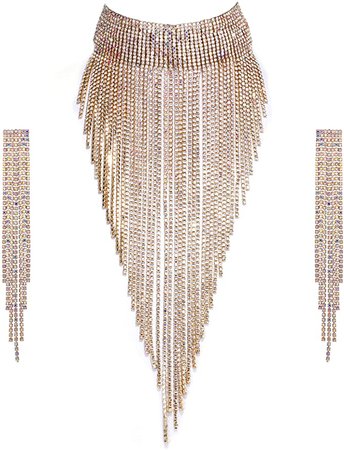 Amazon.com: Flyonce Rhinestone Statement Necklace for Women, Tassel Bib Choker Collar Chunky Costume Jewelry Iridescent Clear AB Silver-Tone : Clothing, Shoes & Jewelry