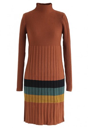 Color Blocked Ribbed Knit Bodycon Dress in Caramel - NEW ARRIVALS - Retro, Indie and Unique Fashion