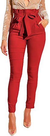 Amazon.com: Ohvera Women's All Occasions Paper Bag Waist Pants Trousers with Tie Pockets Red Large: Clothing