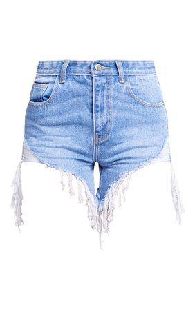 Mid Blue Wash Denim Distressed Shorts | Denim | PrettyLittleThing USA
