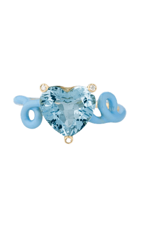 Bea Bongiasca - 18k Yellow Gold Penny Ring with Aquamarine and Baby Blue Enamela