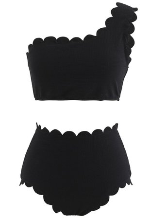 One-Shoulder Scalloped Bikini Set in Black - Retro, Indie and Unique Fashion