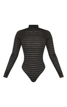 Black Striped-Mesh High-Neck Bodysuit