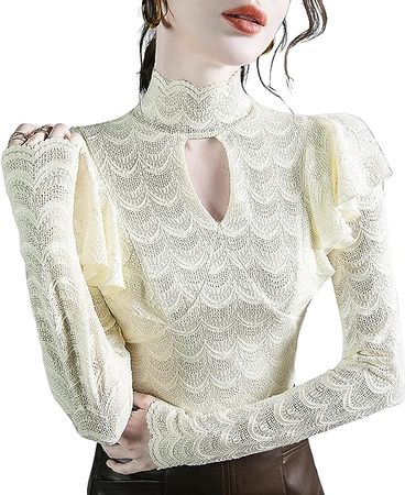 Lace Tops for Women, Retro Mock Neck Long Sleeve Hollow Out Ruffle Patchwork Blouses Elegant Party Dinner Shirts at Amazon Women’s Clothing store