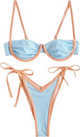 ZAFUL Women's Underwire Bikini Floral High Leg Bikini Set V-Wired Two Piece Swimsuit Bathing Suit : Light Blue