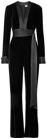Satin-trimmed Velvet Jumpsuit - Black