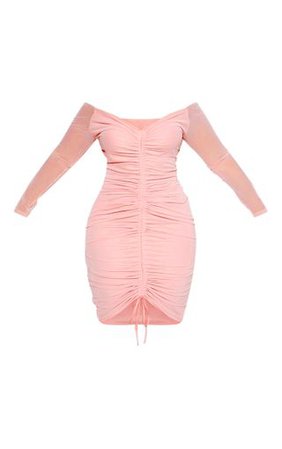 Plus Dusty Rose Mesh Ruched Bardot Midi Dress | PrettyLittleThing