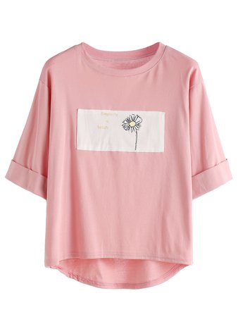 Rolled Sleeve Daisy Print High Low T-shirt