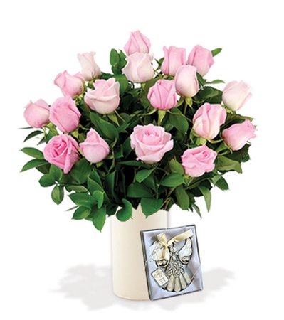 18 Pink Roses with Angel Ornament | Blooms Today