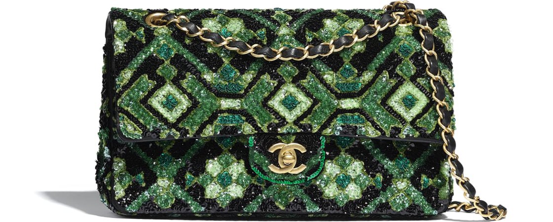 Classic Handbag, sequins & gold-tone metal, green & black - CHANEL