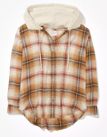 AE Oversized Plaid Hooded Flannel Shirt brown