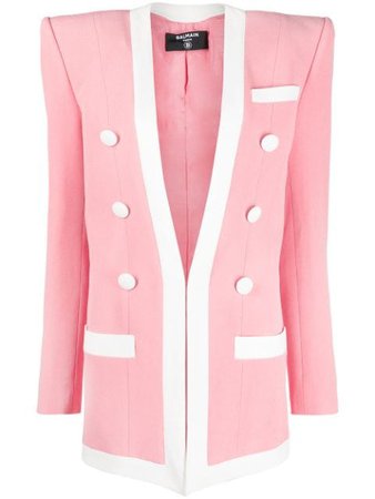 Balmain contrasting-trim structured-shoulder blazer pink & white VF17576V089 - Farfetch