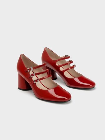 Red Claudie Patent Buckled Mary Janes - CHARLES & KEITH LU