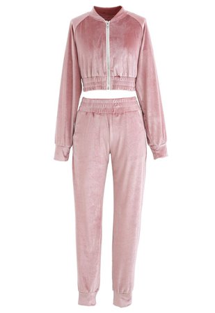 Zipper Velvet Cropped Top and Joggers Set in Pink - Retro, Indie and Unique Fashion